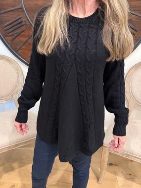 Women's Black Cable Knit Crewneck Sweater - Relaxed Fit